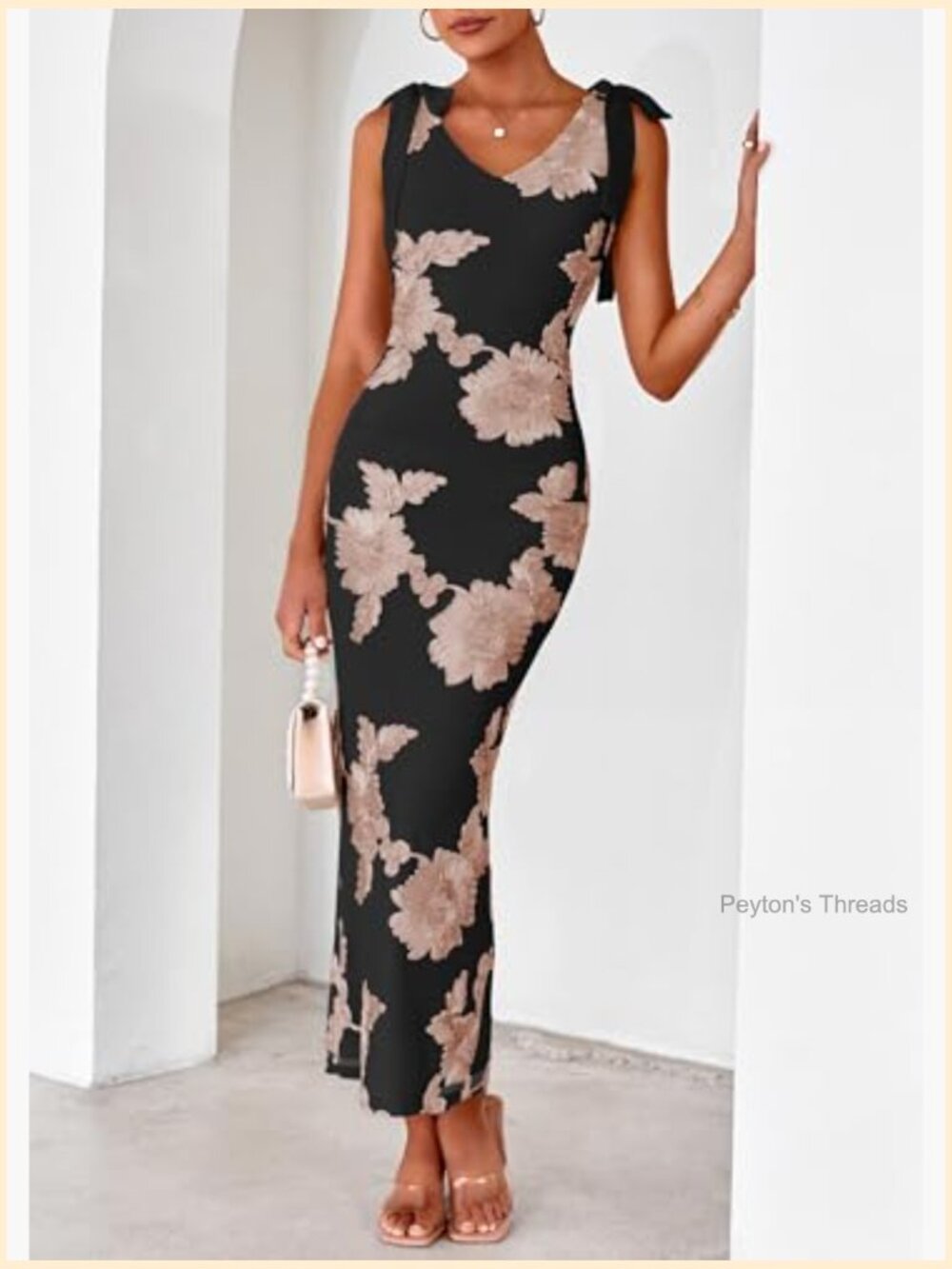 Floral Embroidered Maxi Dress Sleeveless V Neck Tie Strap Mesh Cocktail Dress - Picture 5 of 7